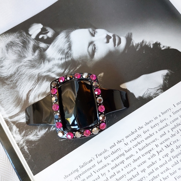 Vintage Barrette Bobby Pin Clip Paris Black Lucite Rhinestones 1990s - Picture 3 of 8